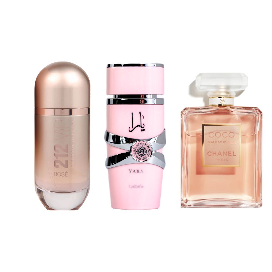 Set Trío Perfumes Femeninos: 212 VIP Rosé & Yara Lattafa & Coco Mademoiselle 100ml c/u