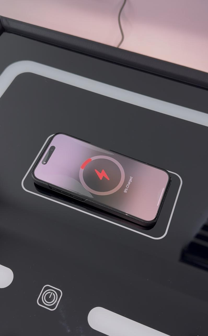 Mesa de Noche Inteligente Gris con Cargador Inalámbrico y Altavoz Bluetooth