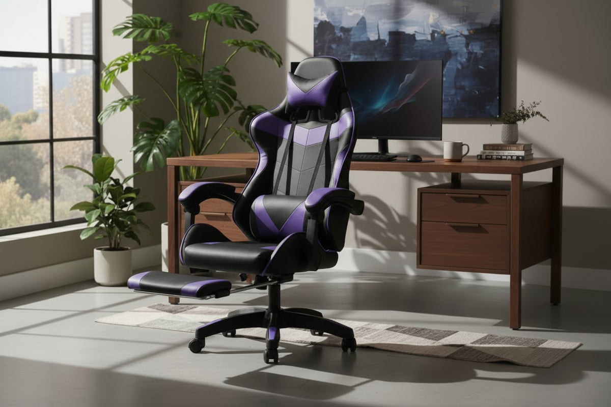 Silla Gamer Morada con Reposapiés Reclinable 135° y 120 kg