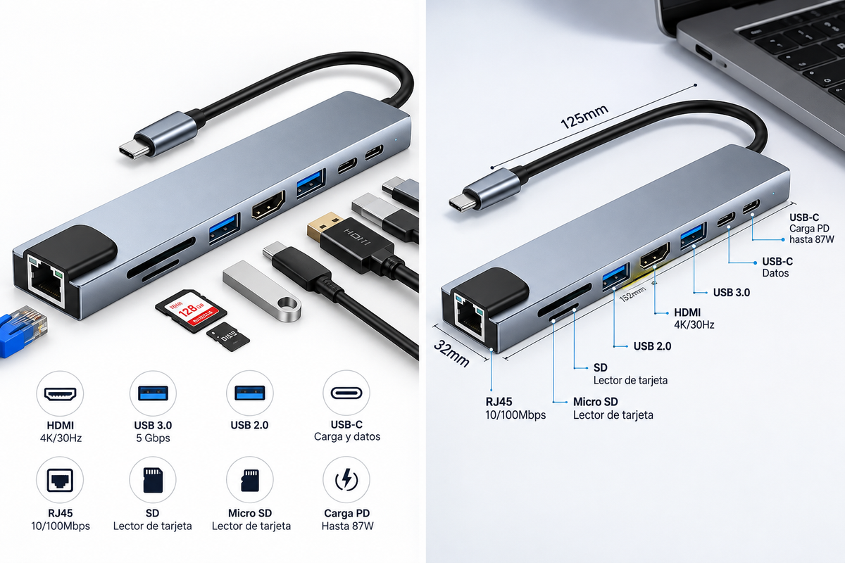 Convertidor tipo C 8 en 1 hub usb HDMI