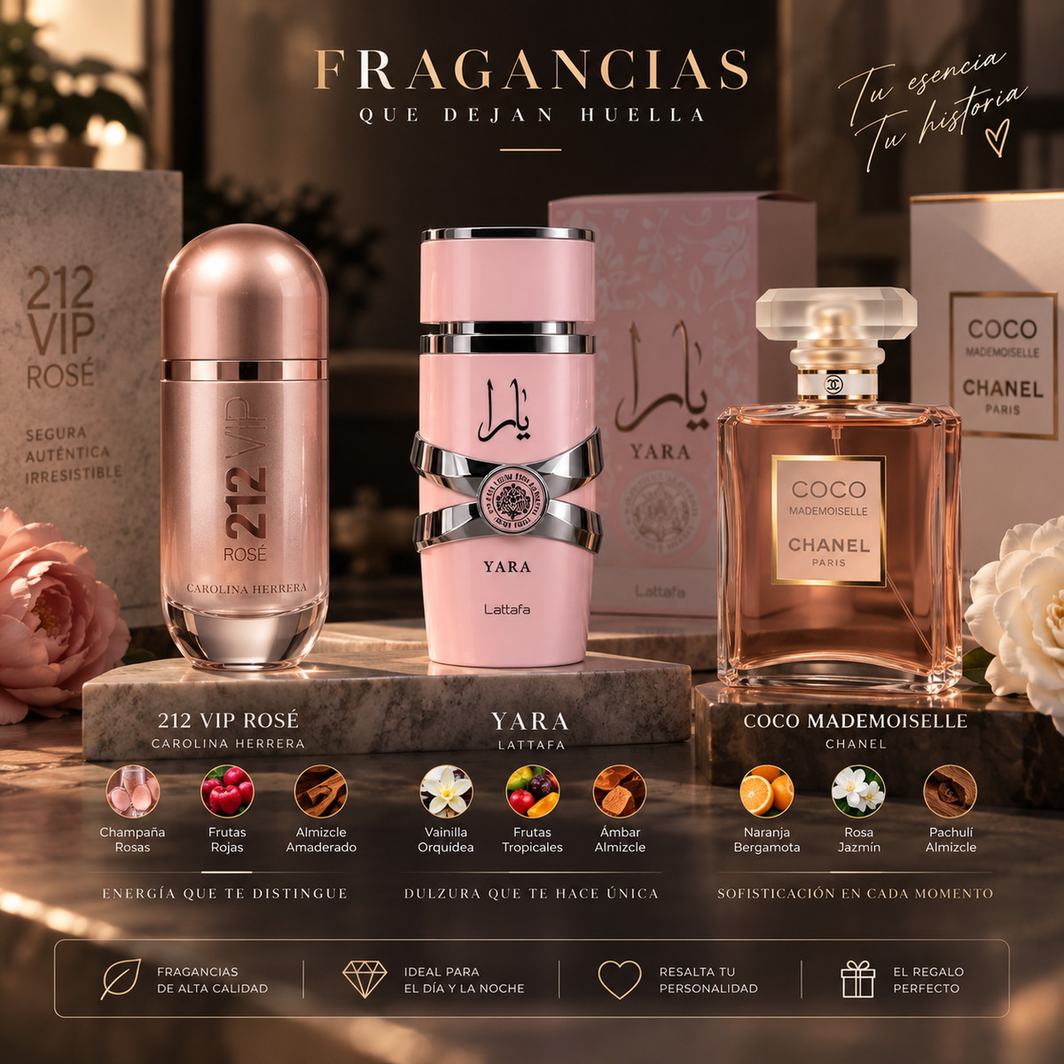 Set Trío Perfumes Femeninos: 212 VIP Rosé & Yara Lattafa & Coco Mademoiselle 100ml c/u