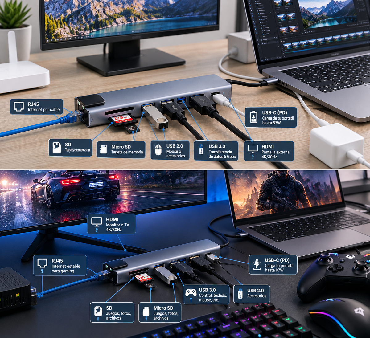 Convertidor tipo C 8 en 1 hub usb HDMI