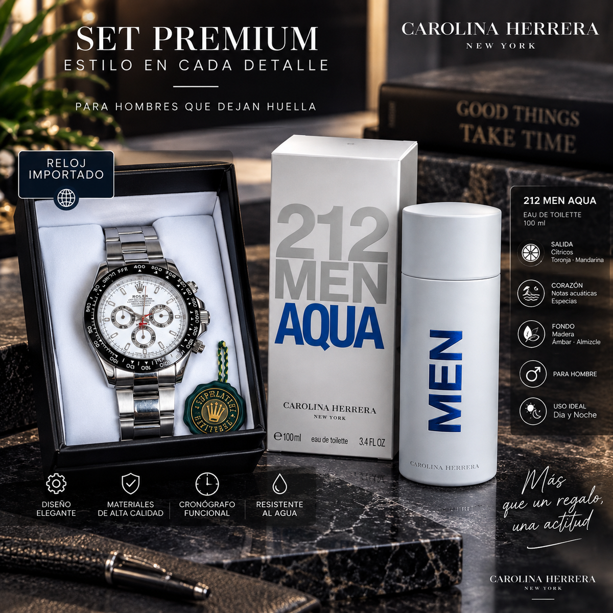 Set Regalo: 212 Men Aqua EDT 100ml & Reloj Rolex Daytona