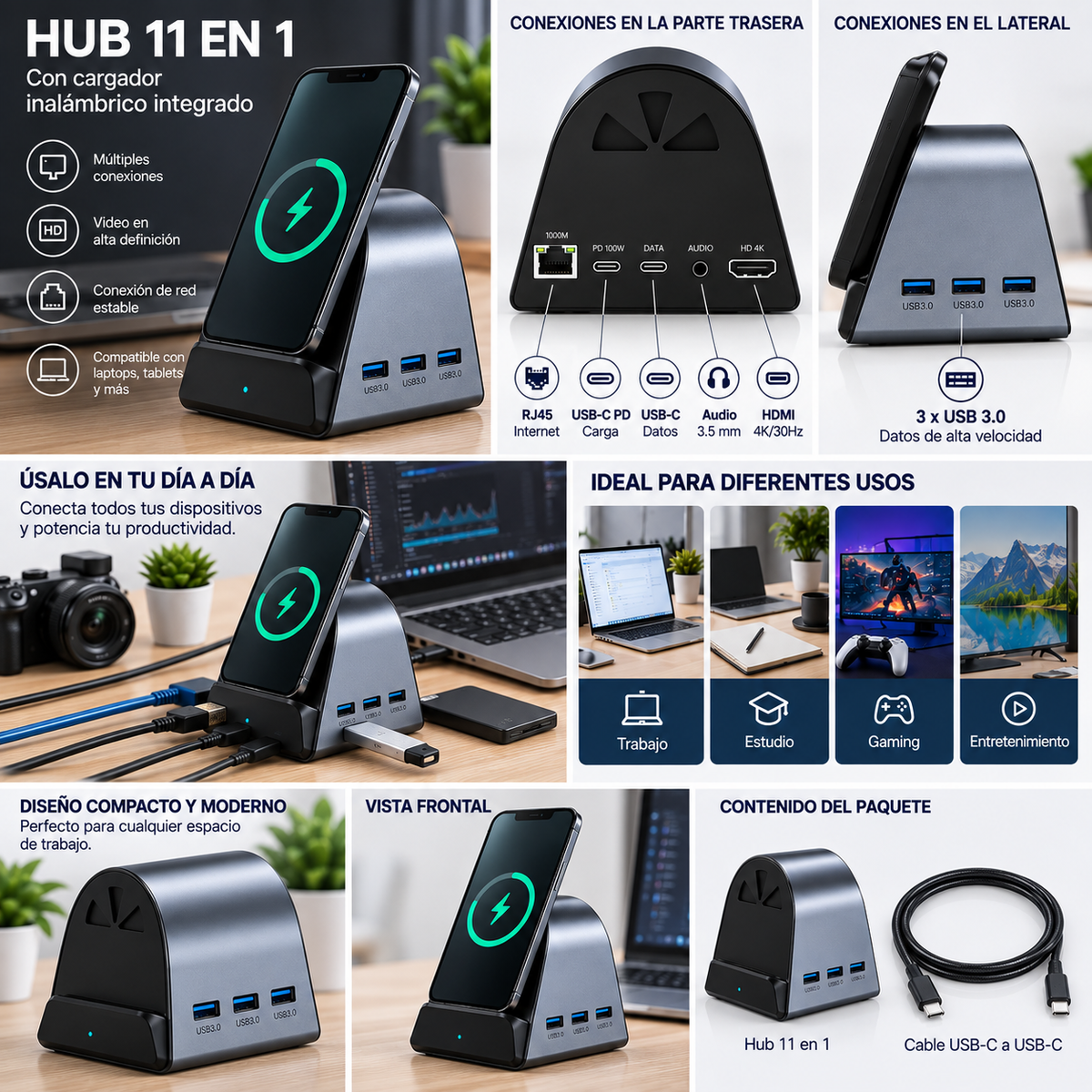 HUB CON CARGADOR INALÁMBRICO 11 EN 1